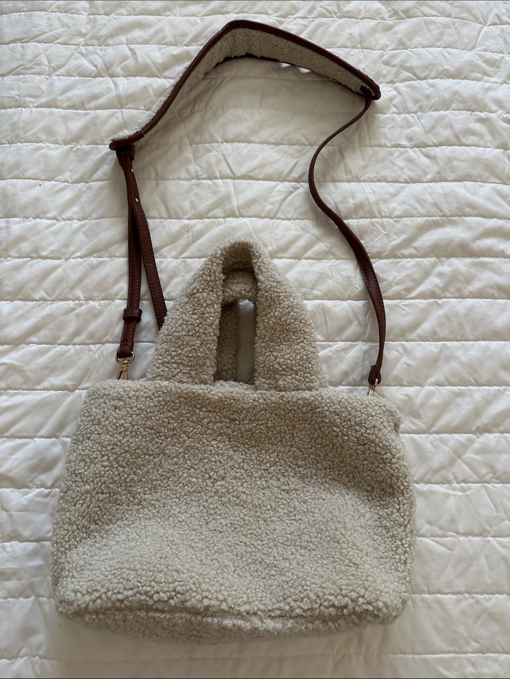 Laundry By Shelli Segal Cream Sherpa Tote with Brown Leather Strap